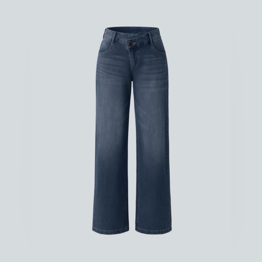 HALARA Asymmetric Dark Blue Stretch Denim Wide Leg Jeans Women’s XL Reg NWT - Picture 8 of 12